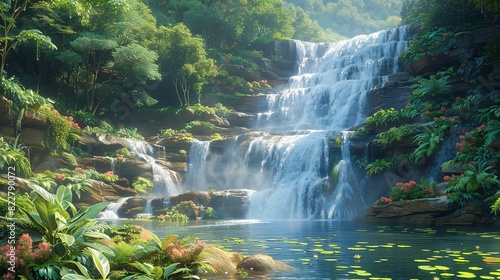 A waterfall in a forested mountain area, with water cascading down rocks and creating a misty spray, surrounded by lush green plants and flowers. Illustration image,