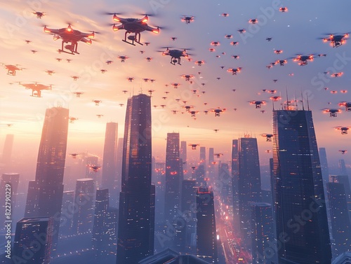 A cityscape with many drones flying over it. The drones are in the air and are flying in different directions. The sky is cloudy and the sun is setting. Scene is futuristic and chaotic photo