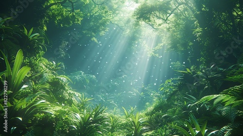 Cascading waterfall in a forested mountain area with water tumbling down rocks and creating a misty spray  surrounded by lush plants and flowers. Illustration image 