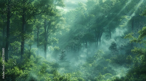 Early morning fog enveloping a forest, with the soft light creating a dreamy and ethereal scene perfect for a calm and peaceful background. Illustration image,