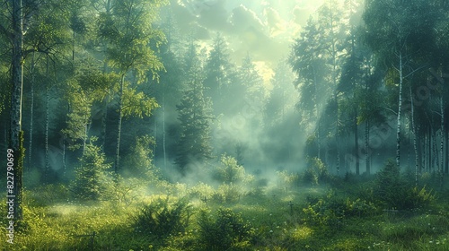 Early morning fog enveloping a forest, with the soft light creating a dreamy and ethereal scene perfect for a calm and peaceful background. Illustration image, #822790699
