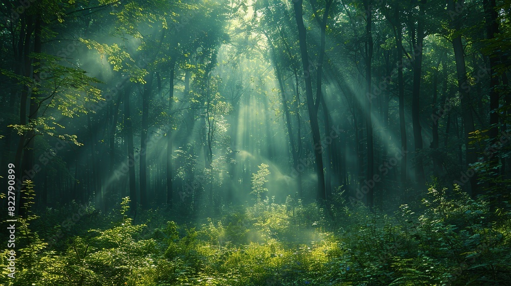 Early morning mist in a dense forest, with sunlight filtering through the trees and creating an ethereal and dreamy landscape perfect for peaceful backgrounds. Illustration