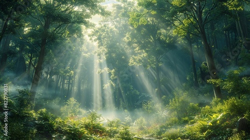 Early morning mist in a dense forest  with sunlight filtering through the trees and creating an ethereal and dreamy landscape perfect for peaceful backgrounds. Illustration