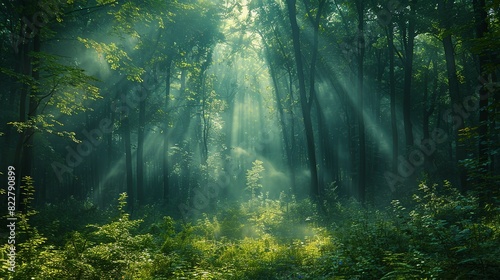 Early morning mist in a dense forest, with sunlight filtering through the trees and creating an ethereal and dreamy landscape perfect for peaceful backgrounds. Illustration