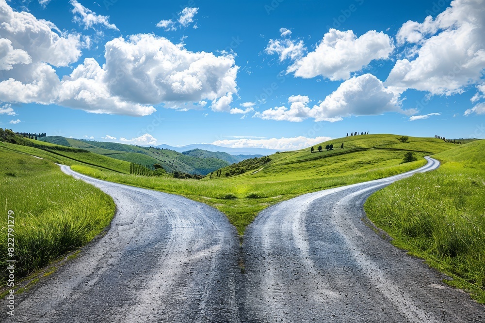 Fork in the road with two different paths leading to distant horizon, blue sky and white clouds, green grass on both sides of the asphalt road, beautiful landscape with hills and trees Fork in the road with two different paths leading to distant horizon, blue sky and white clouds, green grass on both sides of the asphalt road, beautiful landscape with hills and trees