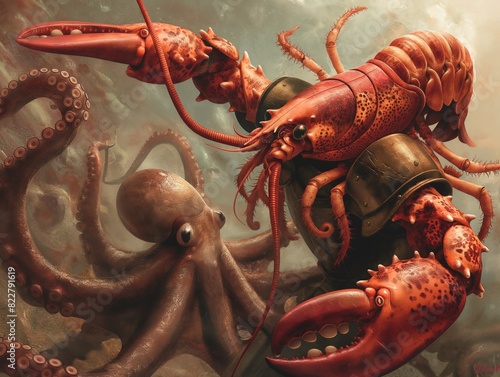 A crab is fighting an octopus in a painting. The crab is wearing a suit and has a sword photo
