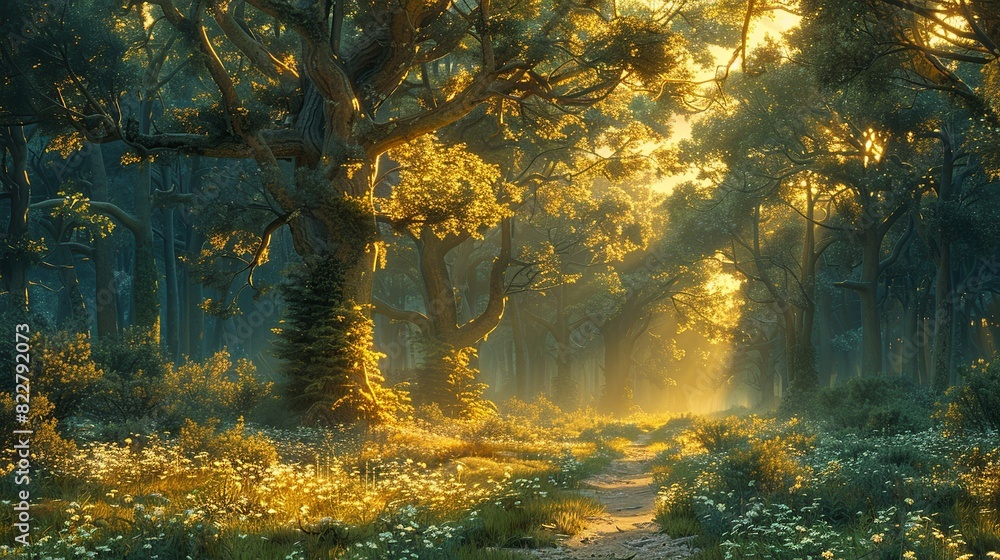 Tranquil forest at dawn with the first light of day illuminating the trees and casting a soft, warm glow on the forest floor. Illustration image, Tranquil forest at dawn with the first light of day illuminating the trees and casting a soft, warm glow on the forest floor. Illustration image,