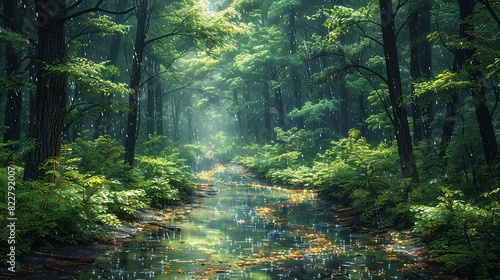 Rain-soaked forest path  with glistening leaves and fresh rain droplets enhancing the vibrant green foliage and serene atmosphere. Illustration image 