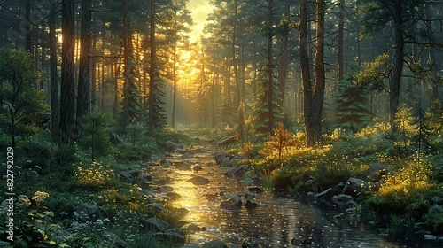 Fototapeta Naklejka Na Ścianę i Meble -  Serene forest scene with tall trees, a gentle stream, and the soft light of dawn creating a peaceful and tranquil atmosphere. Illustration image,