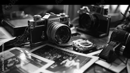 A black and white photo of a camera and a few pictures