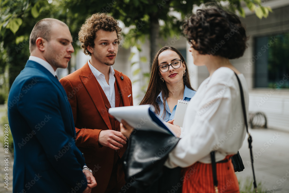 A group of diverse businesspeople having an outdoor meeting to discuss new project ideas. Team cooperation and brainstorming are key.