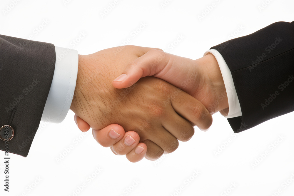 Professional Handshake Between Man and Woman in Business Suits on a White Background Representing Agreement and Partnership in a Corporate Setting Professional Handshake Between Man and Woman in Business Suits on a White Background Representing Agreement and Partnership in a Corporate Setting