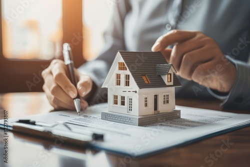 A real estate agent is pointing at a house model on top of a contract while their customer holds a pen to sign the document. photo