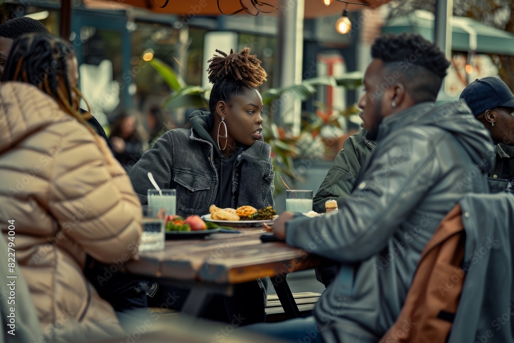 A diverse group of friends dine at an outdoor cafe, enjoying burgers and drinking beer together. A diverse group of friends dine at an outdoor cafe, enjoying burgers and drinking beer together.