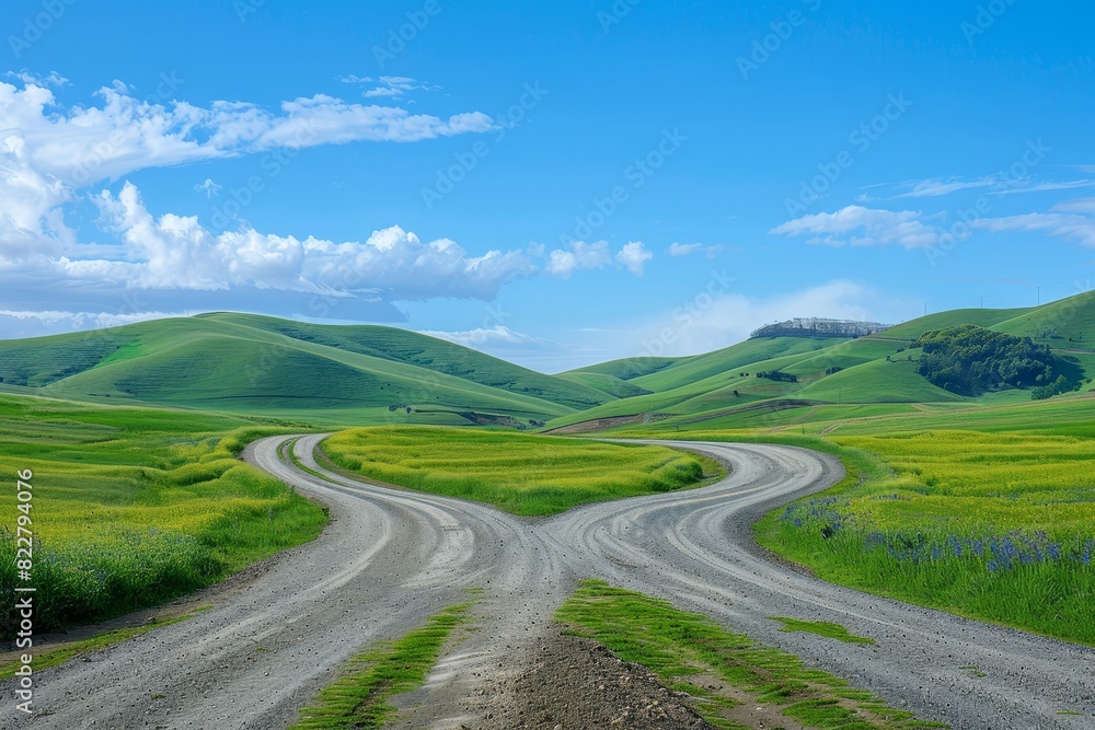 A road with two diverging paths leading to distant hills, symbolizing the choice between left and right sides of an empty highway in green meadows