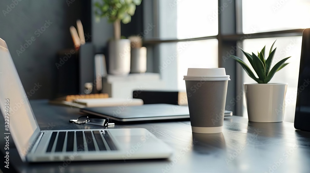 modern office workplace with laptop coffee cup and supplies on desk modern office workplace with laptop coffee cup and supplies on desk