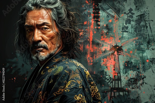 Dramatic Action: Japanese Cowboy Portrait with Windmill in Intricate Digital Painting