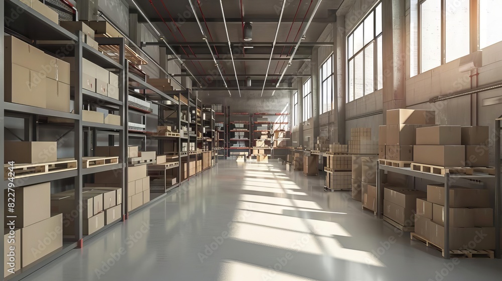modern warehouse interior with shelves pallets and boxes 3d illustration modern warehouse interior with shelves pallets and boxes 3d illustration