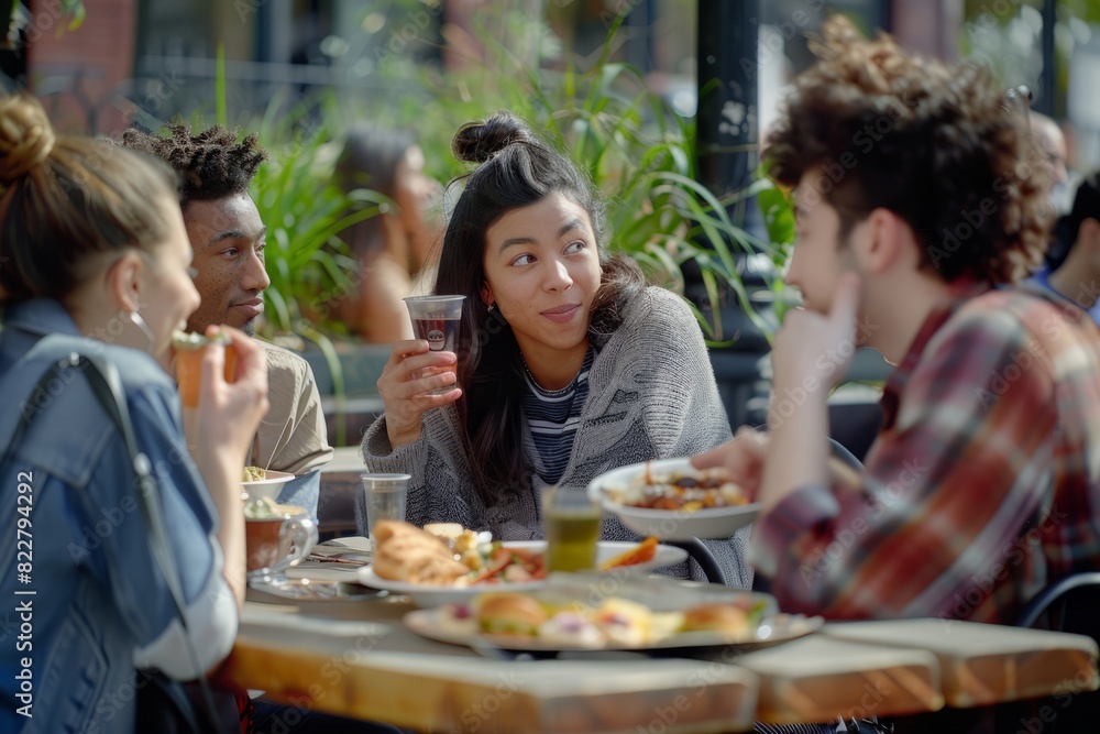 A diverse group of friends dine at an outdoor cafe, enjoying burgers and drinking beer together. A diverse group of friends dine at an outdoor cafe, enjoying burgers and drinking beer together.