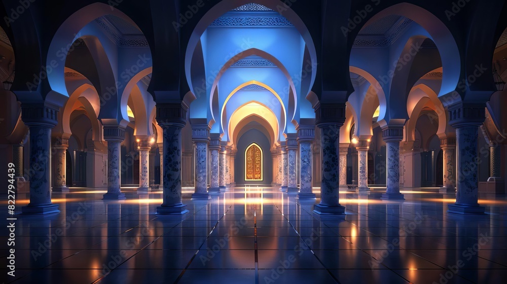 moonlit majesty islamic mosque interior with arches serene night view of illuminated domes moonlit majesty islamic mosque interior with arches serene night view of illuminated domes