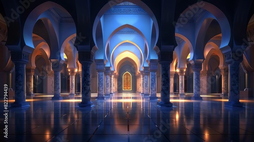 moonlit majesty islamic mosque interior with arches serene night view of illuminated domes