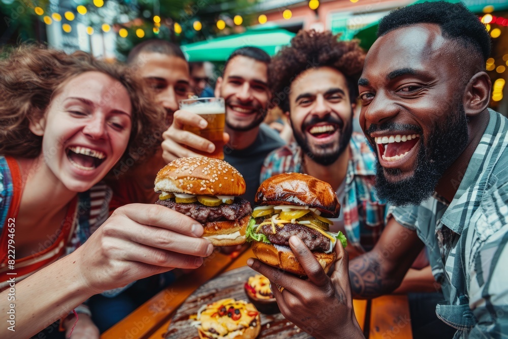 A diverse group of friends dine at an outdoor cafe, enjoying burgers and drinking beer together. A diverse group of friends dine at an outdoor cafe, enjoying burgers and drinking beer together.