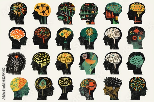 A vector illustration of silhouettes with brain-shaped heads, each depicting different thought patterns like puzzle pieces or flower arrangements.