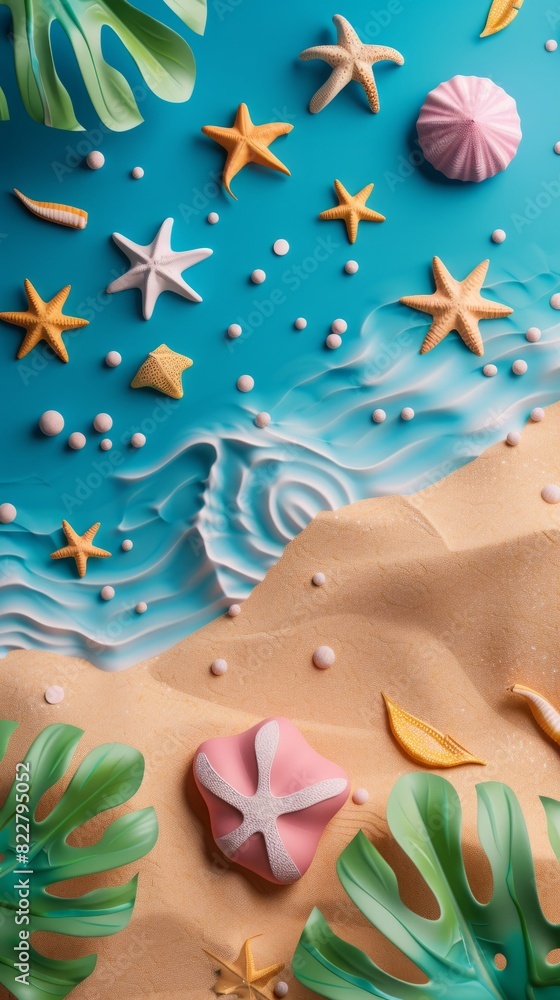 Summer holiday background. top view 3d beach clay style, copy space for your text. Summer holiday background. top view 3d beach clay style, copy space for your text.