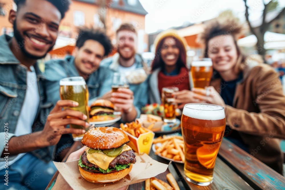 A diverse group of friends dine at an outdoor cafe, enjoying burgers and drinking beer together.