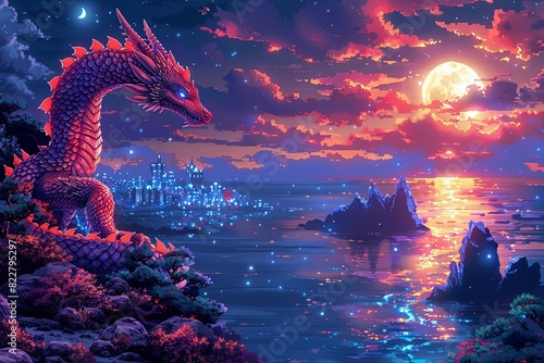 Moonlit Fantasy Cityscape with Dragon Scales - Detailed Illustration for Wallpaper photo