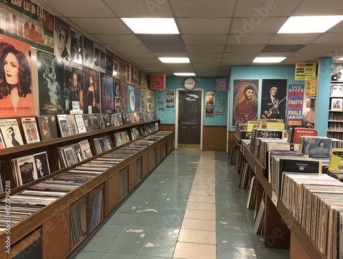 A store with a lot of records on the shelves. The store is blue and has a lot of posters on the walls