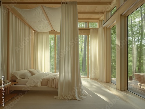 A bedroom with a canopy bed and white curtains. The curtains are open  letting in sunlight and creating a warm  inviting atmosphere. The room is furnished with a bed  a nightstand  and a chair