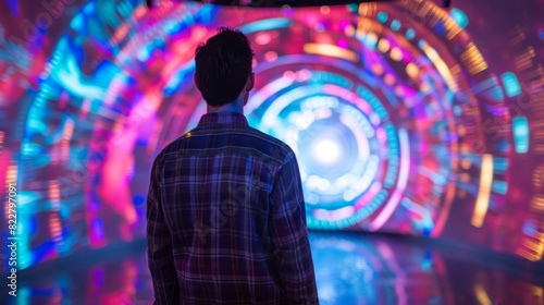 A man spinning a holographic wheel to navigate through different levels of difficulty on a challengebased exhibit about math and geometry. photo