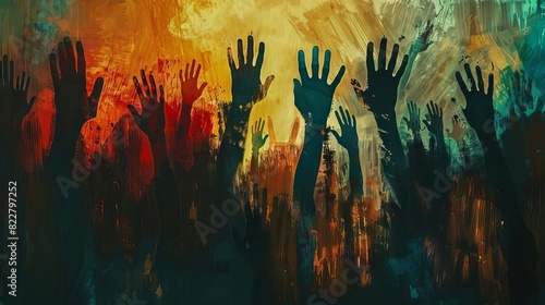 raised hands for participation and support large group digital painting photo