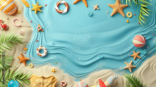 Summer holiday background. top view 3d beach clay style, copy space for your text.