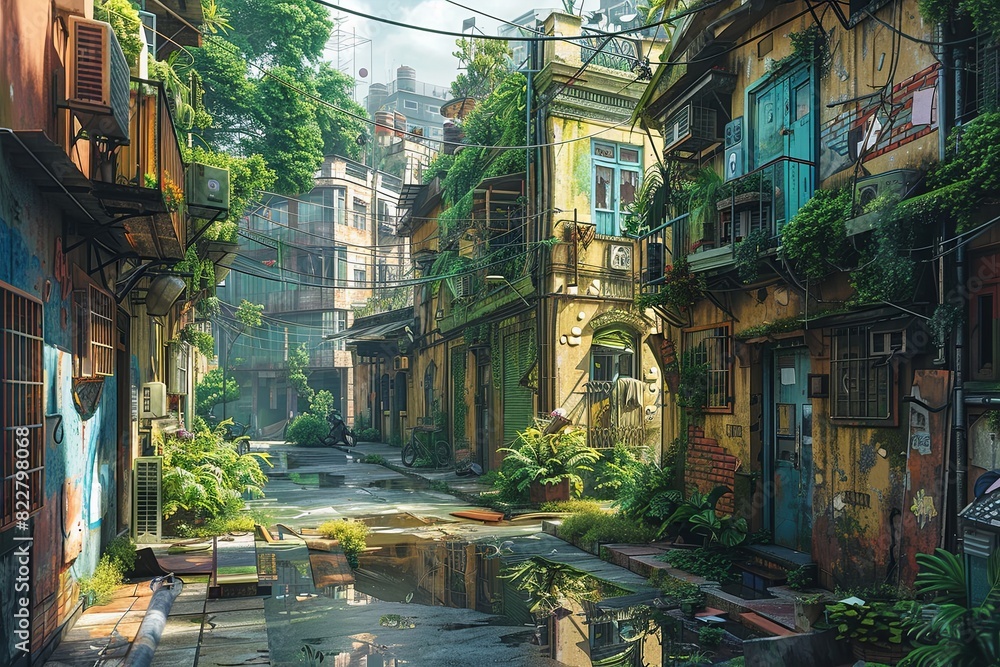 Neon Future: Isometric Fusion of Cyberpunk and Nature in an Abandoned Cityscape Neon Future: Isometric Fusion of Cyberpunk and Nature in an Abandoned Cityscape