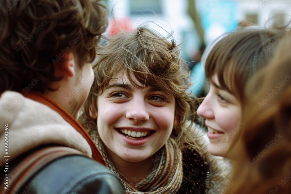 Portrait of a young woman with her friends on the street. Portrait of a young woman with her friends on the street.
