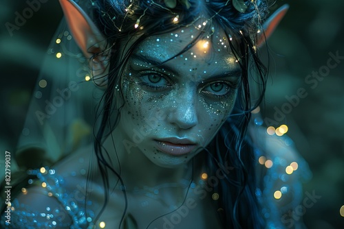 Silver Gowned Queen Elf's Mischief in Dark Woodland Night