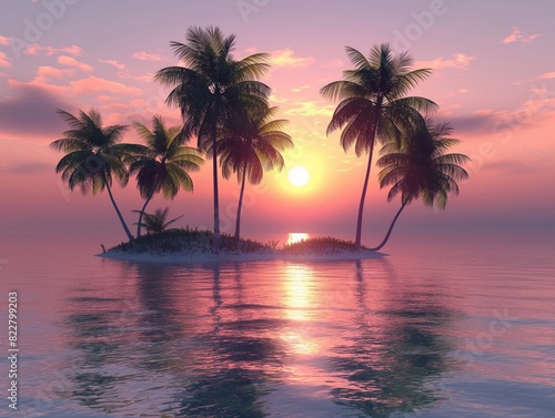 A tropical island with palm trees and a sunset in the background