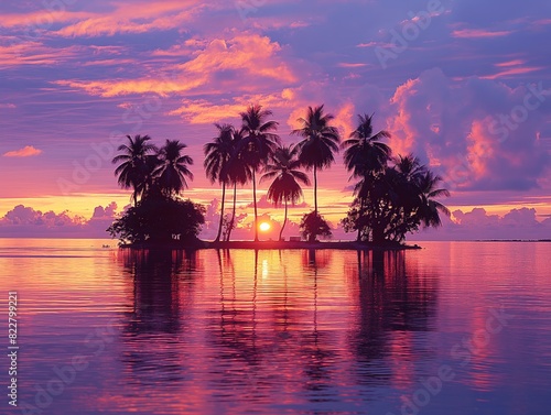 A tropical island with palm trees and a sunset in the background. The water is calm and the sky is filled with pink and orange hues