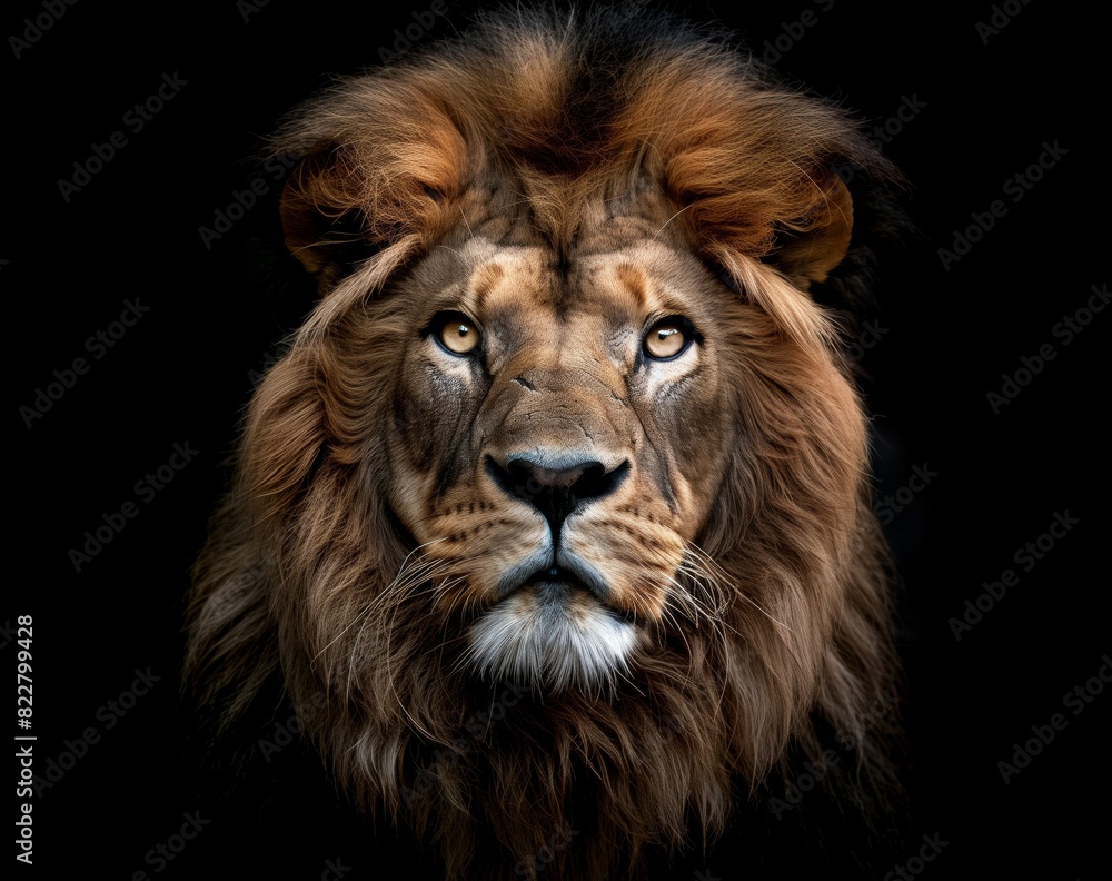 A powerful and detailed close-up portrait of a male lion against a black background, highlighting its regal appearance A powerful and detailed close-up portrait of a male lion against a black background, highlighting its regal appearance