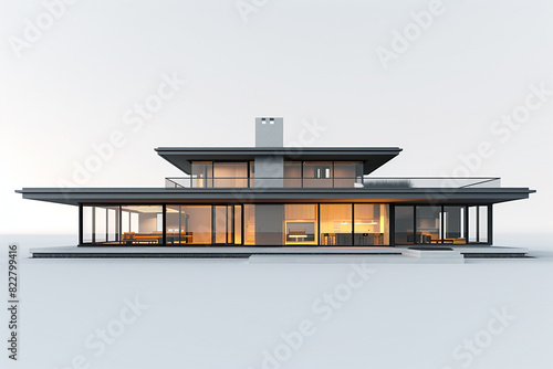 A modern Craftsman house with a flat roof, floor-to-ceiling windows, and a minimalist exterior design, blending seamlessly with its surroundings against a solid white background