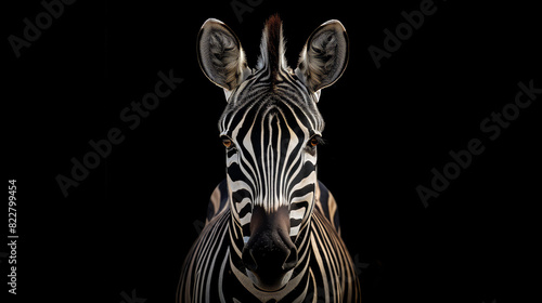 Striking portrait of a zebra with a black background enhancing the contrast of its striped pattern