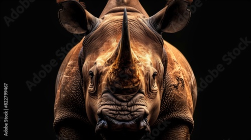 An impactful close-up of a rhinoceros' face, portraying its textured skin and horn, set against a dark background