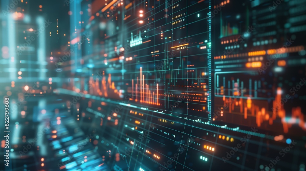 A vibrant digital representation of stock market data on a modern, futuristic display with glowing graphs and numbers A vibrant digital representation of stock market data on a modern, futuristic display with glowing graphs and numbers