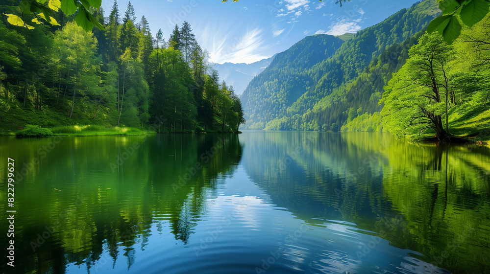 beautiful lake in green forest, relaxing landscape wallpaper 
