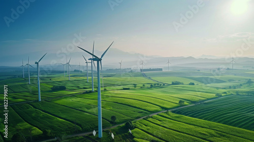 A large field of wind turbines with a clear blue sky in the background photo