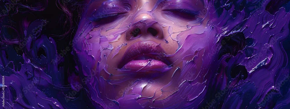 An abstract portrait, featuring purple bold brushstrokes and unexpected shapes. An abstract portrait, featuring purple bold brushstrokes and unexpected shapes.