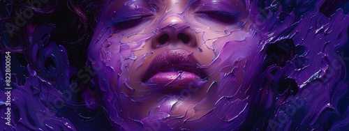 An abstract portrait  featuring purple bold brushstrokes and unexpected shapes.