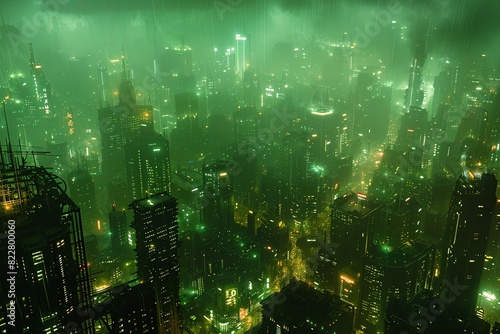 Eerie Glow: Post Apocalyptic Cityscape with Intricate Lighting